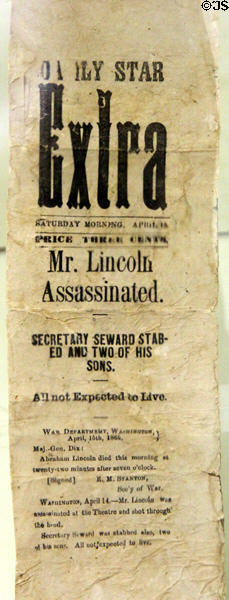 Lincoln Assassinated extra newspaper edition (April 16, 1865) at Monument House Museum. Groton, CT.