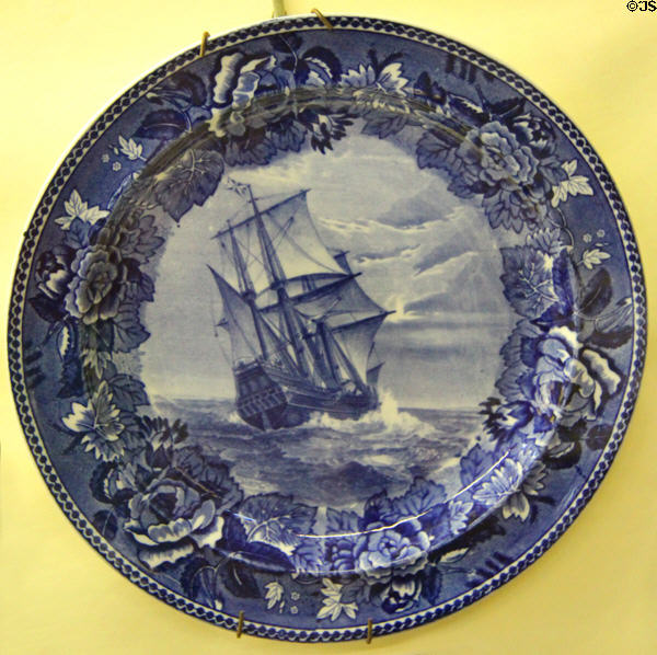 Wedgwood American View commemorative plate (c1895-1910) of Mayflower arriving in Provincetown Harbor at Monument House Museum. Groton, CT.