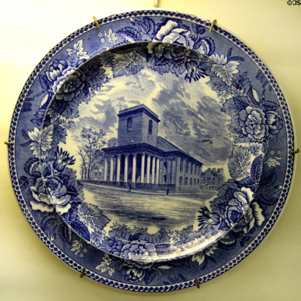 Wedgwood American View commemorative plate (c1895-1910) of King's Chapel in Boston at Monument House Museum. Groton, CT.