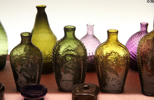 Collection of colored glass bottles (early 1800s) at Mattatuck Museum. Waterbury, CT.