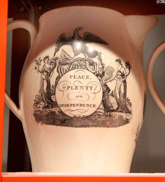 Commemorative creamware pitcher with Peace, Plenty & Independence under American eagle (c1815) by Herculaneum Pottery Co., Liverpool, England at Mattatuck Museum. Waterbury, CT.