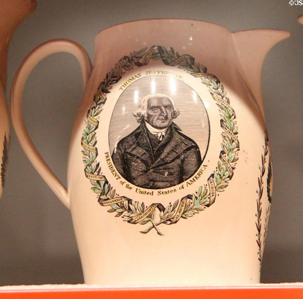 O Liberty Thou Goddess!, President Thomas Jefferson commemorative creamware pitcher (c1805) by Herculaneum Pottery Co., Liverpool, England with at Mattatuck Museum. Waterbury, CT.