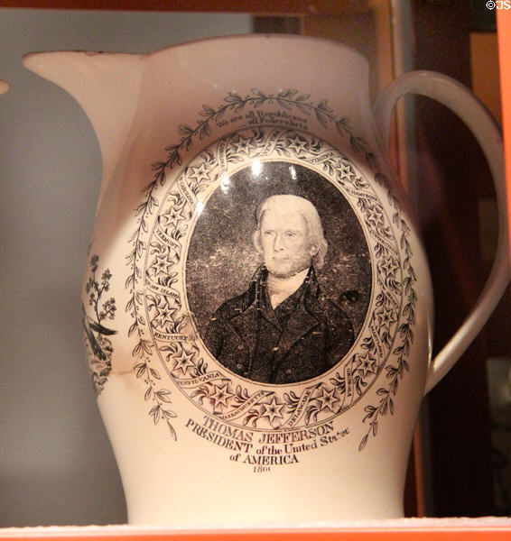 President Thomas Jefferson commemorative creamware pitcher (1801) by Herculaneum Pottery Co., Liverpool, England at Mattatuck Museum. Waterbury, CT.