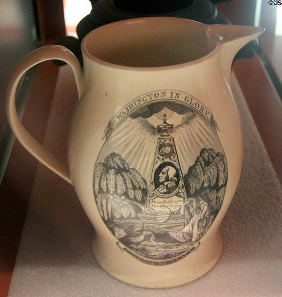Washington in Glory commemorative creamware pitcher (c1820) by Herculaneum Pottery Co., Liverpool, England at Mattatuck Museum. Waterbury, CT.