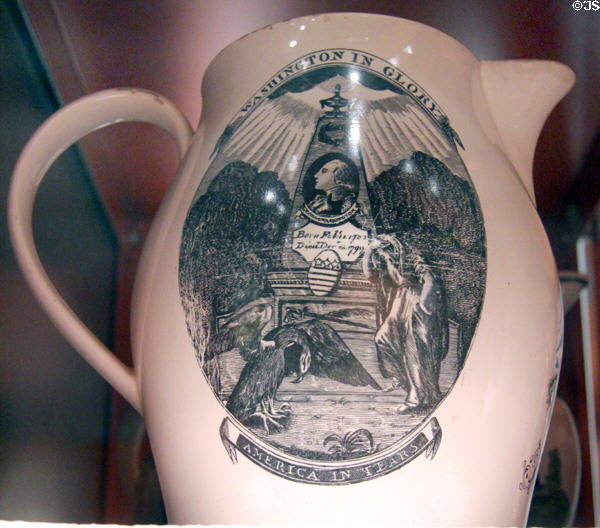 Washington in Glory commemorative creamware pitcher (c1800-5) by Herculaneum Pottery Co., Liverpool, England at Mattatuck Museum. Waterbury, CT.