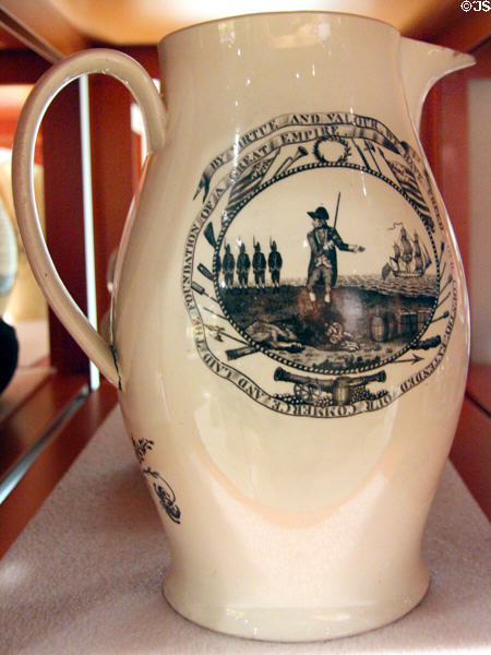 By virtue & valour we have freed our country commemorative creamware pitcher (c1800) by Herculaneum Pottery Co., Liverpool, England at Mattatuck Museum. Waterbury, CT.