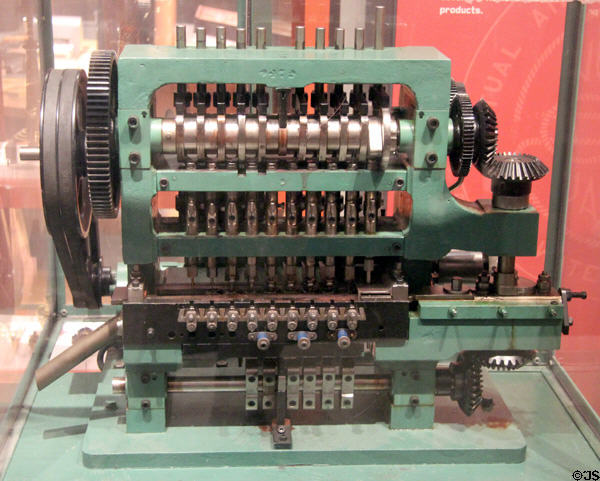Multi-transfer press (1950) to draw metal products from strip metal at Mattatuck Museum. Waterbury, CT.