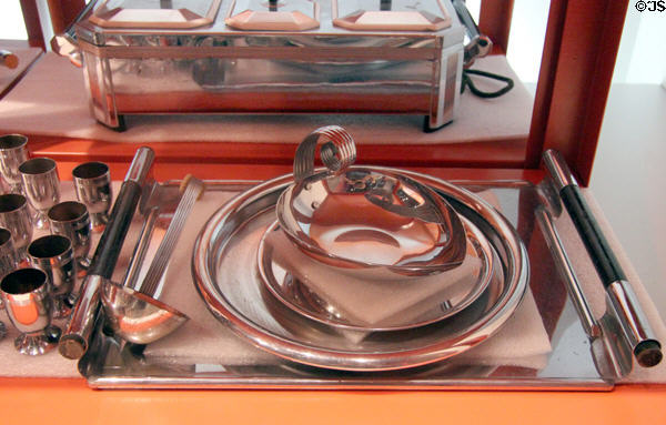 Art Deco metal tray & serving dishes ( 1930s) by Chase Co. of Waterbury, CT at Mattatuck Museum. Waterbury, CT.