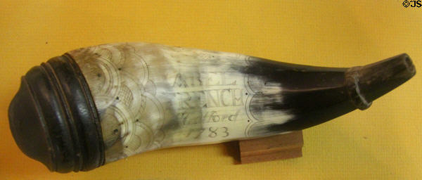 Powder horn (1783) of Abel French of Stratford, CT who served in American Revolution at Judson House. Stratford, CT.