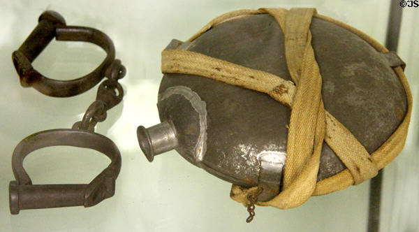 Civil War handcuffs & tin canteen with canvass shoulder strap at Judson House. Stratford, CT.
