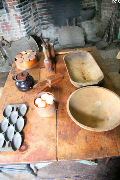 Antique kitchen vessels in Rider House at Danbury Museum & Historical Society. Danbury, CT.