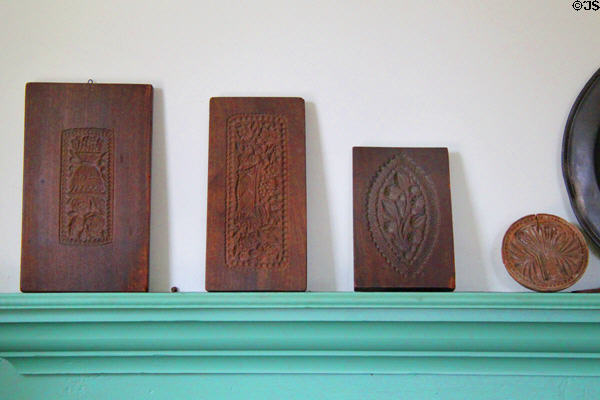Collection of butter molds in Rider House at Danbury Museum & Historical Society. Danbury, CT.