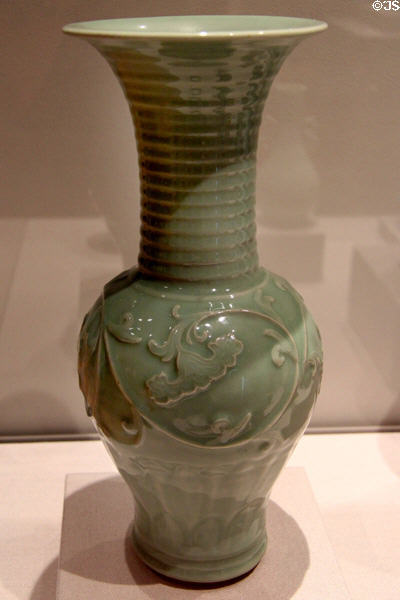 Chinese ceramic stoneware with green glaze trumpet-mouthed vase (early14th C, Yuan dynasty) at Yale University Art Gallery. New Haven, CT.