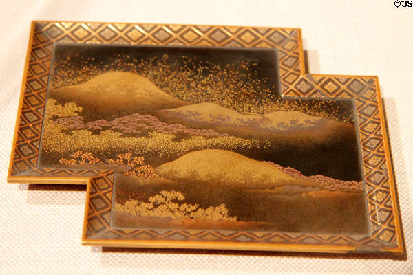 Japanese lacquer tray with landscape of cherry blossoms at Mount Yoshino (18thC) at Yale University Art Gallery. New Haven, CT.
