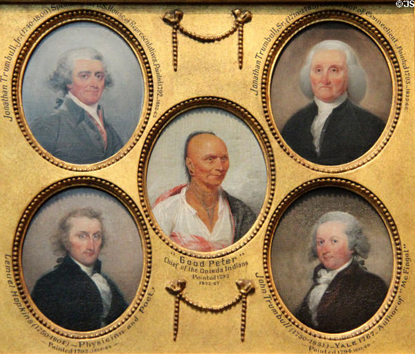 Miniature portraits (1790s) of Jonathan Trumbull, Jr., Jonathan Trumbull, Sr., Oneida Chief "Good Peter", Lemuel Hopkins, & John Trumbull by John Trumbull at Yale University Art Gallery. New Haven, CT.