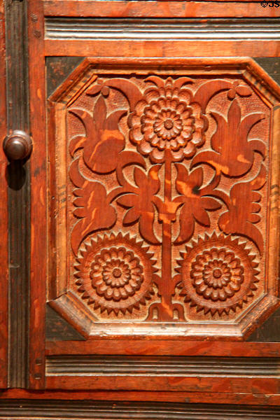 Detail of Wethersfield-style carving on cupboard (1675-90) attrib. to Peter Blin, CT at Yale University Art Gallery. New Haven, CT.