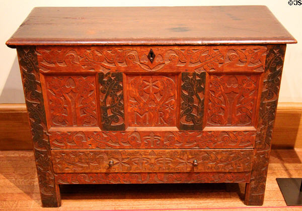 Carved chest with drawer (1670-1710) from Connecticut River valley at Yale University Art Gallery. New Haven, CT.