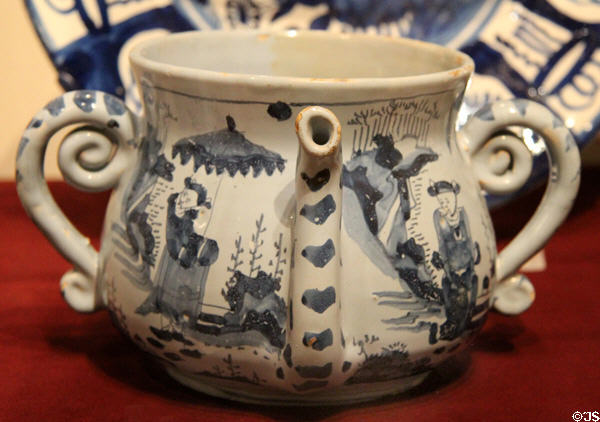 Earthenware posset pot with Chinese figures (c1650-1700) from England at Yale University Art Gallery. New Haven, CT.