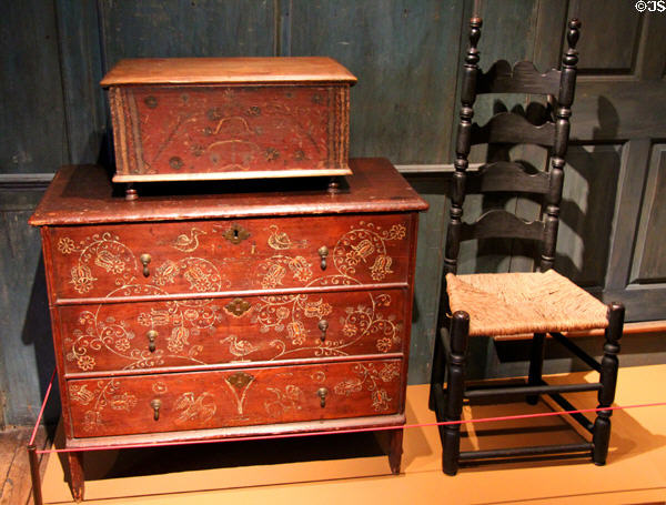 Painted document box (1700-35) from northern New England; lift-top painted chest with drawer (1731) attrib. Robert Crossman of Taunton, MA; & side chair (1700-50) from MA at Yale University Art Gallery. New Haven, CT.