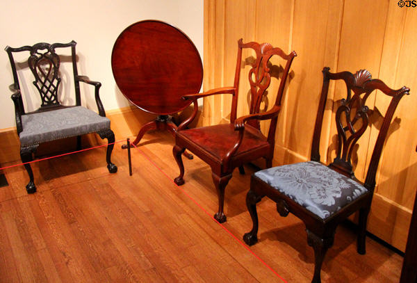 Tilt-top table (1760-70) from Newport, RI & several New England chairs (18thC) at Yale University Art Gallery. New Haven, CT.