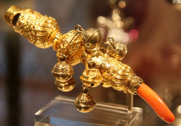 Gold & coral whistle & bells baby rattle (1761-5) by Daniel Christian Fueter of New York at Yale University Art Gallery. New Haven, CT.
