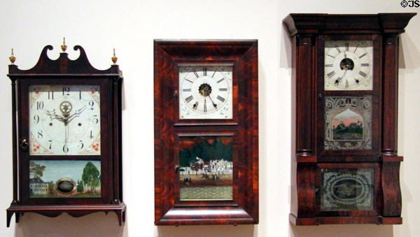 Shelf clocks (19thC) from CT by Eli Terry (1) & William L. Gilbert (2) at Yale University Art Gallery. New Haven, CT.