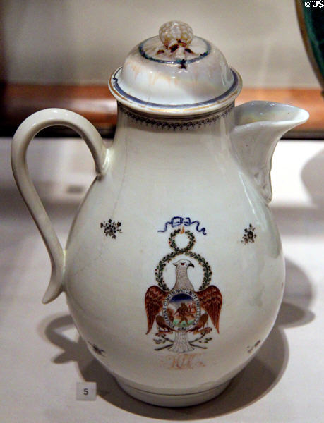 Porcelain hot-milk pot with Society of Cincinnati crest made for General Henry Knox (1785-90) from China at Yale University Art Gallery. New Haven, CT.