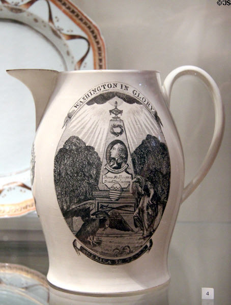 Creamware pitcher with George Washington memorial (1800-10) from Herculaneum Pottery of England at Yale University Art Gallery. New Haven, CT.