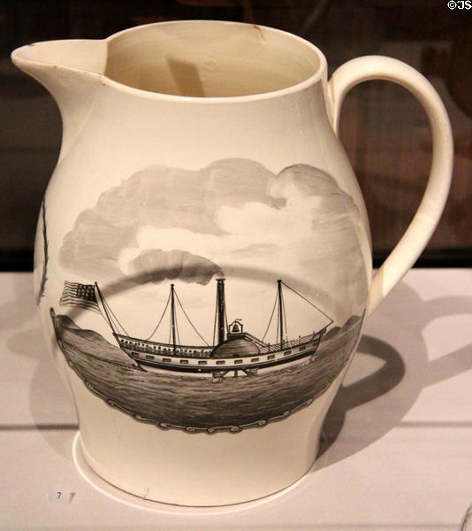 Creamware pitcher with American side-wheel steamship (c1815) from Liverpool, England at Yale University Art Gallery. New Haven, CT.