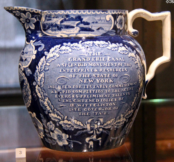 Earthenware pitcher commemorating Erie Canal (c1825) from Staffordshire, England at Yale University Art Gallery. New Haven, CT.