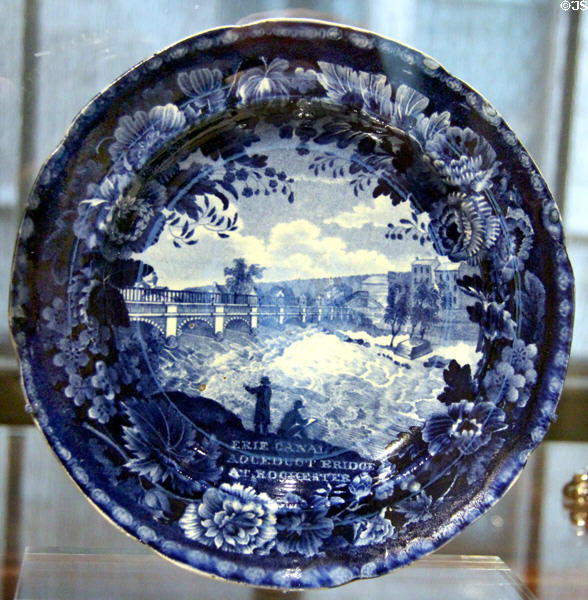 Earthenware plate (1825-46) depicting Erie Canal bridge at Rochester, NY from Enoch Wood & Sons of Staffordshire, England at Yale University Art Gallery. New Haven, CT.