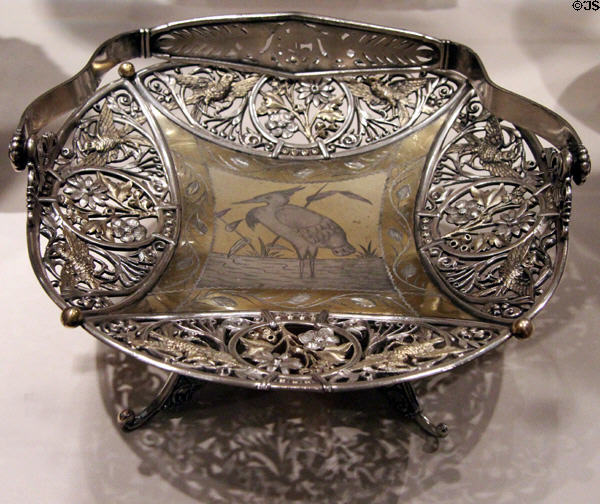 Silver calling card tray plated waterbird design (c1880) by Simpson, Hall, Miller & Co. of Wallingford, CT at Yale University Art Gallery. New Haven, CT.
