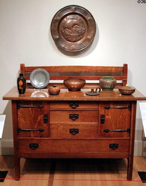Collection of decorative arts from beginning of 20th C on sideboard at Yale University Art Gallery. New Haven, CT.