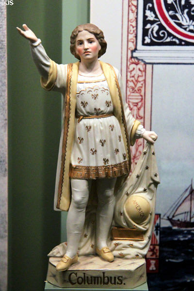 Statuette after Columbus Monument in Mexico City in porcelain (c1892) from France at Knights of Columbus Museum. New Haven, CT.
