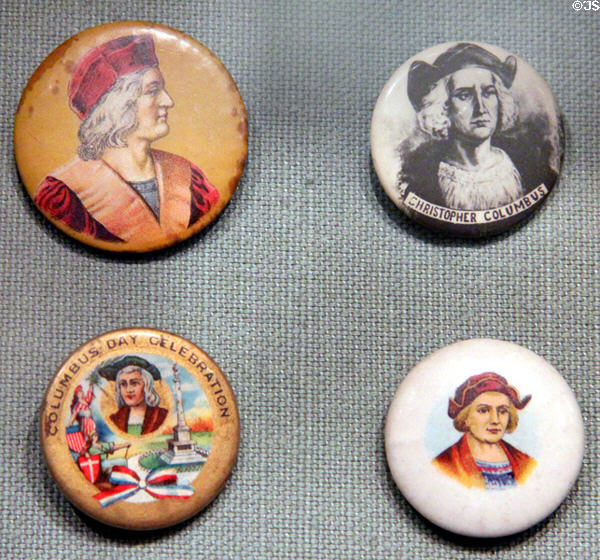 Columbus-themed pin-back buttons (all c1892-3) at Knights of Columbus Museum. New Haven, CT.