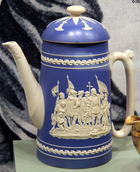 Souvenir Columbus stone china coffeepot by W.T. Copeland & Sons of Trent, England from Chicago World Columbian Exposition (1893) at Knights of Columbus Museum. New Haven, CT.