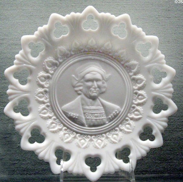 Opaque milk glass commemorative plate with image of Columbus (c1892-3) at Knights of Columbus Museum. New Haven, CT.