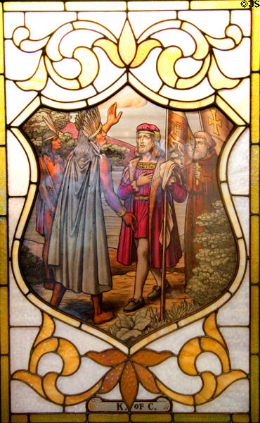 Stained glass window with Columbus being greeted by Indians at Knights of Columbus Museum. New Haven, CT.
