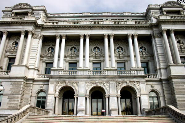 Library of Congress front entrance facade. Washington, DC.