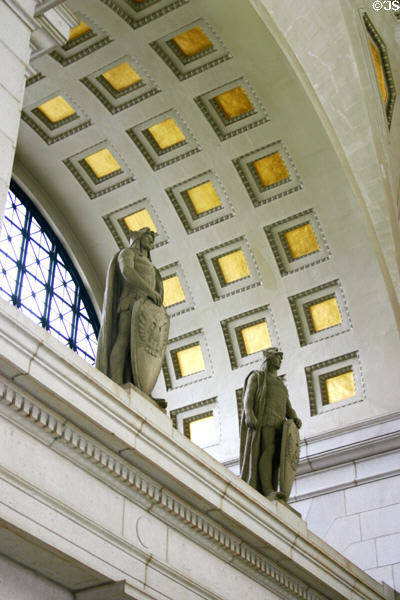 Sculpted warriors with shields in Union Station. Washington, DC.