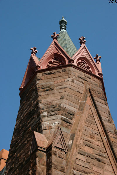 Octagonal steeple of Luther Place Memorial Church (1870) (Thomas Circle). Washington, DC. Style: Gothic. Architect: Judson York. On National Register.