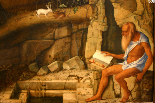 Detail of St Gerome Reading (1480-90) by Giovanni Bellini (of Venice) in National Gallery of Art. Washington, DC.