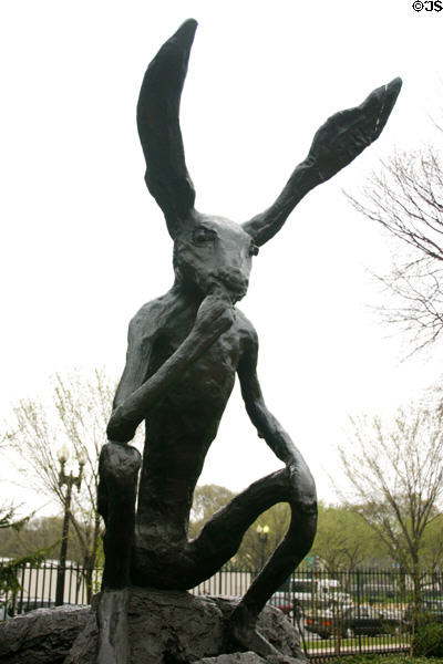 Rabbit Thinker on a Rock (1997) by Barry Flanagan in National Sculpture Garden. Washington, DC.