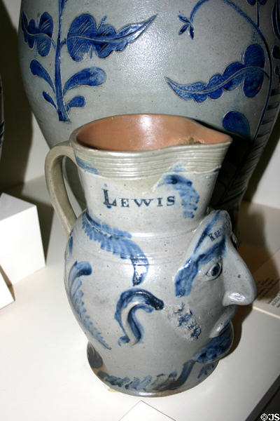 Salt glaze pitcher by Henry Remmy, Jr. (1838) for Lewis Eyre in American History Museum. Washington, DC.