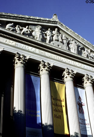 The Greek revival architecture of the National Archives Building. Washington, DC.