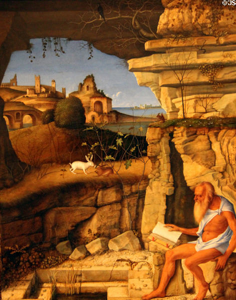 St Jerome Reading painting (1505) by Giovanni Bellini at National Gallery of Art. Washington, DC.