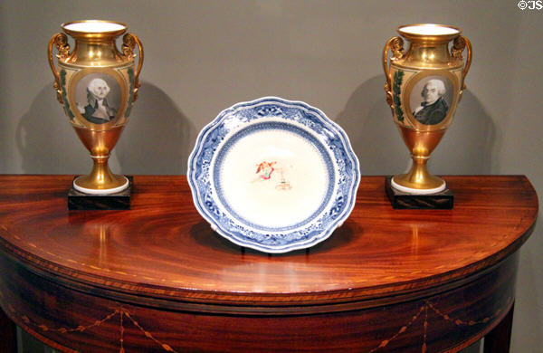 Porcelain vases with portraits of George Washington & John Adams (1815-20) from Paris & porcelain Society of Cincinnati plate from Jingdezhen, China at National Gallery of Art. Washington, DC.