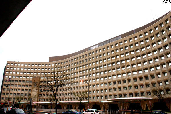 US Department of Housing & Urban Development building (1963-8) in shape of curved X. Washington, DC. Style: modern. Architect: Marcel Breuer.