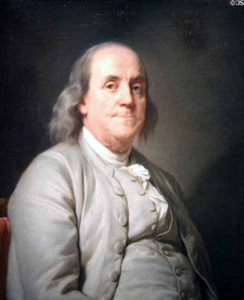 Benjamin Franklin, Revolutionary leader painting (c1785) by Joseph Siffred Duplessis at National Portrait Gallery. Washington, DC.