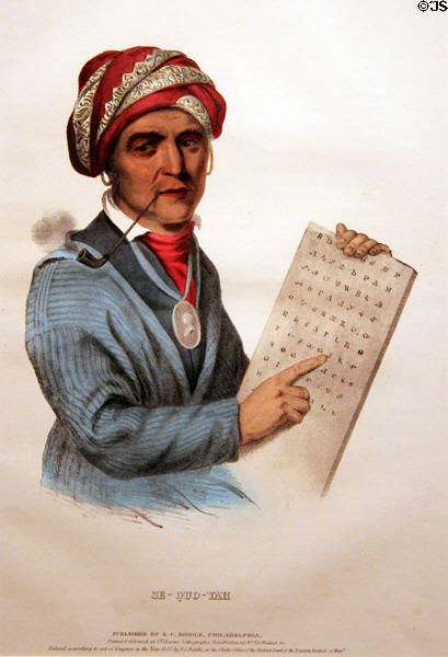 Sequoyah, native writing inventor portrait lithograph (1837) after Charles Bird King at National Portrait Gallery. Washington, DC.